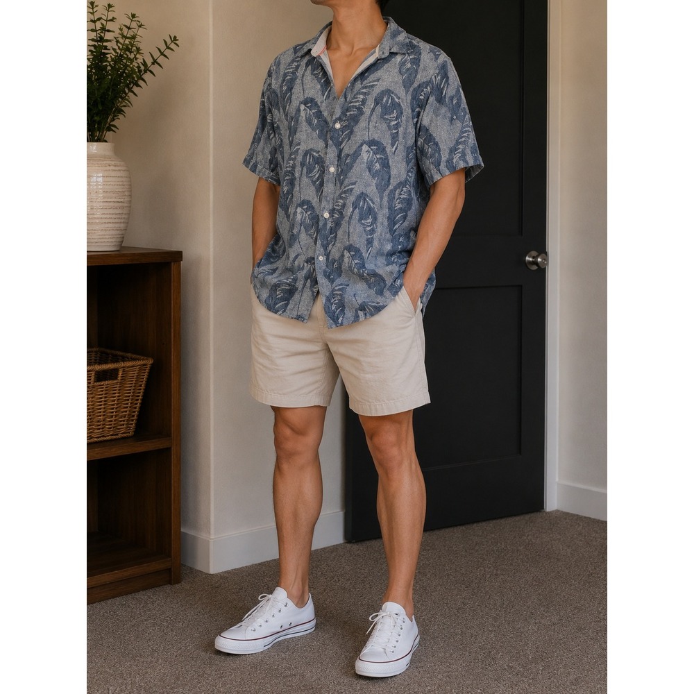 Tommy Bahama Mens XXL Blue Tropical Leaf Print Short Sleeve Button Up Shirt